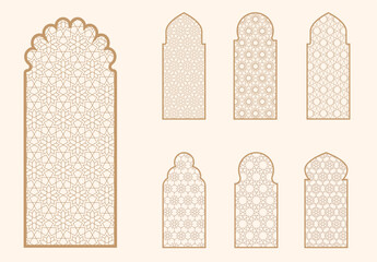 Wall Mural - Islamic window shape with mashrabiya pattern. Arabic door frame. Islamic arhitecture elements of window and door and mashrabiya pattern.