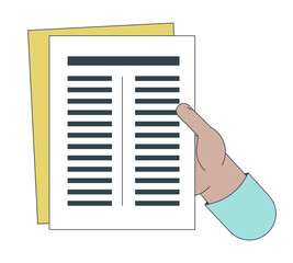 Poster - Holding paperwork linear cartoon character hand illustration. Documentation reading outline 2D vector image, white background. Business papers. Important documents editable flat color clipart