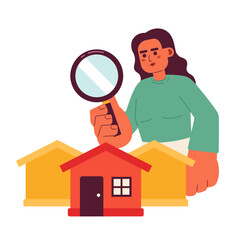 Poster - Searching suburban homes for sale 2D illustration concept. Woman purchase house in suburbs isolated cartoon character, white background. Magnifying glass property metaphor abstract flat vector graphic