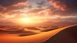 A vast, undulating desert landscape with sand dunes stretching as far as the eye can see under the golden glow of the setting sun in full ultra HD