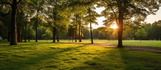 Poster - As the sun rose over the beautiful natural landscape, the light flooded through the treetops, illuminating the lush green grass and leaves of the forest, creating a stunning mixture of white and green