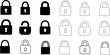 Lock, Security, Vector Illustration. lock icons, various styles, sizes. Includes padlock, keyhole, closed, open, locked, unlocked icons. Safe, safeguard, secure, shield, access, password, encryption