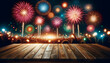 leerer Holztisch mit Feuerwerk im Hintergrund, Produktplatzierung zum Neujahr