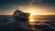 Big cruise liner sailing on a sunny evening with calm water. Giant cruise ship at sunset sailing through the sea with a cloudy orange sky on the background, Large luxury cruise ship in open sea water,