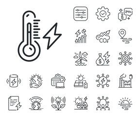 Wall Mural - Lightning bolt with thermometer sign. Energy, Co2 exhaust and solar panel outline icons. Electricity power line icon. Electric energy symbol. Electricity power line sign. Vector