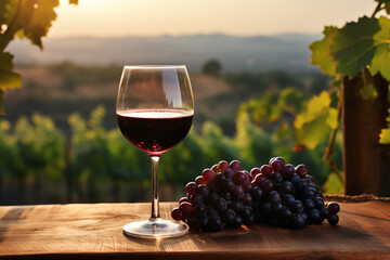 Wall Mural - Glass of red wine on a wooden tabletop on a background of blurred grape plantations