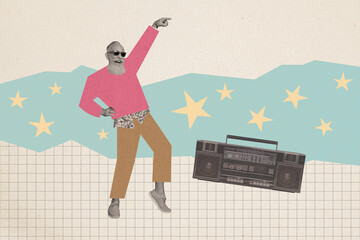 Poster - Collage artwork graphics of carefree cool senior guy enjoying boom box music having fun isolated painting background