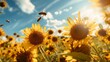 A 4K image of a sunflower field with bees collecting pollen