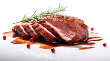 Close Up Of Roasted Duck Breast Fillet White Background, Roast Pork With Herbs And Vegetables