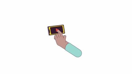 Poster - Swiping video on mobile phone line 2D character hand animation. Watching player flat color cartoon 4K video, alpha channel. Sliding play on smartphone animated person body part on white background