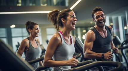 One man, two women having fun in the gym, natural light 