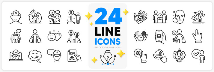 Icons set of Fraud, Freezing click and Veins line icons pack for app with Discrimination, Income money, Foreman thin outline icon. Ab testing, Smile, Face search pictogram. Vector