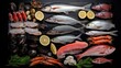 Assortment of fresh fish and seafood on rough black background. 