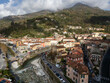 Aerial view in Seravezza, little town at the base of the Apuan Alps in Versilia, Tuscany 