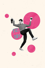 Poster - Funny guy celebrate at friday night party collage illustration of new cocktails bar man hold drinks isolated on pink drawing background