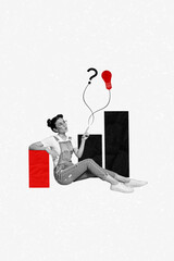 Poster - Creative collage art picture of young businesswoman sitting point finger growing diagram stats light bulb isolated on white background