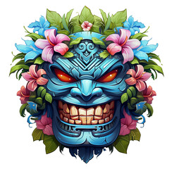 Wall Mural - Polynesian tribal face mask decoration with colorful flower illustration isolated.