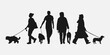 set of silhouettes of people and dogs walking. front, side, back view. isolated on white background. graphic vector illustration.