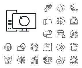 Poster - backup data sign. place location, technology and smart speaker outline icons. recovery computer line