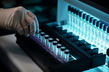 Poster - Samples scientific lab light drug. Medicine study equipment clinic chemistry. Generate Ai