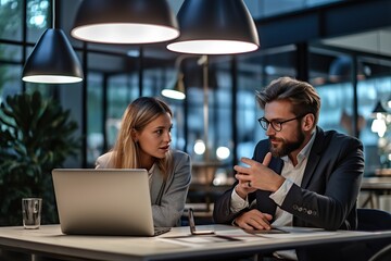 Wall Mural - Team of business people having a meeting in an office , business group working at meeting in office. Smiling corporate board team having discussion planning company project strategy