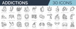Set of 30 outline icons related to addictions. Linear icon collection. Editable stroke. Vector illustration