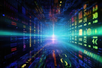 Fototapete - abstract background with binary code in cyberspace, 3d render, Digital binary code and AI algorithms running in the background, presented in a modern server way, AI Generated