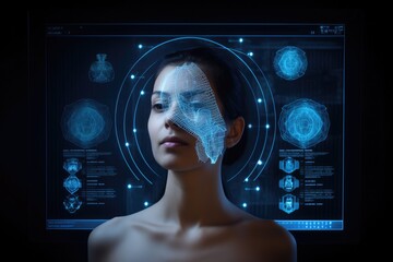 Poster - Futuristic artificial intelligence concept. Futuristic cyborg head with digital brain interface, Digital hologram CT scan and X-ray on a human face, presented on a dark medical screen, AI Generated
