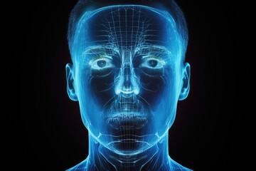 Poster - 3D Illustration of a Male Face in a medical science concept, Digital hologram CT scan and X-ray on a human face, presented on a dark medical screen without revealing the real face, AI Generated