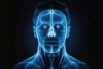 Poster - 3d rendered illustration of a male head with x-ray image, Digital hologram CT scan and X-ray on a human face, presented on a dark medical screen without revealing the real face, AI Generated