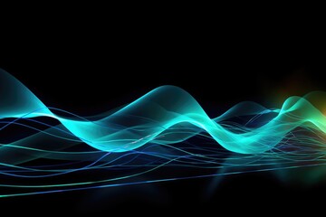 Poster - Abstract blue and green waves on a black background. Vector illustration, Digital wave wallpaper against a black background with blue and green abstract waves, AI Generated