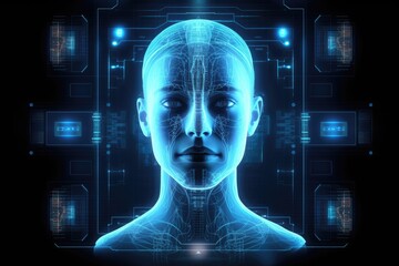 Poster - 3d rendering of female head with digital circuit board on dark background, Digital hologram CT scan and X-ray on a human face, presented on a dark medical screen without revealing, AI Generated