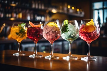 Variety of alcoholic cocktails on the bar counter in night club, Five colorful gin tonic cocktails in wine glasses on the bar counter in a pub or restaurant, AI Generated