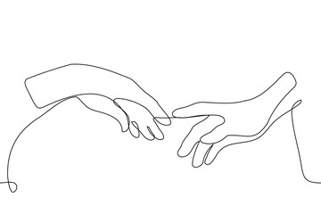 hands of two people reach out to each other, very close - one line art vector. concept connection between people, relationships