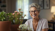 © Julia Zarubina - smiling elderly woman takes care of house plants, cozy home, gardening, hobby, flowers, pots, pensioner, retired, old lady, grandmother, room, interior, self-isolation