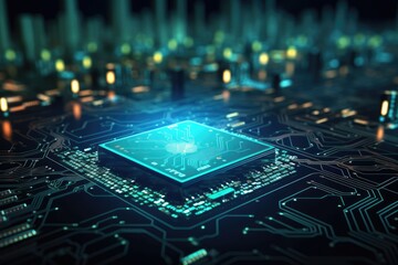 Poster - Circuit board with glowing microchips. 3D Rendering, Futuristic circuit board and microchip with a glowing data transfer board, AI Generated