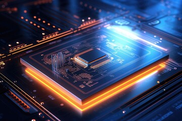 Poster - Circuit board close-up. Technology background. 3d rendering, Futuristic circuit board and microchip with a glowing data transfer board, AI Generated