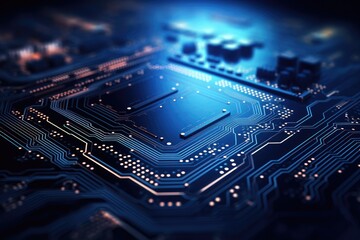 Poster - Circuit board close-up. Technology background. 3d rendering, Futuristic circuit board technology wallpaper with digital waves and glowing patterns, AI Generated