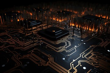 Poster - Closeup of electronic circuit board with microchips. 3d rendering, Futuristic technology wallpaper with digital waves and circuit board patterns against a black background, AI Generated