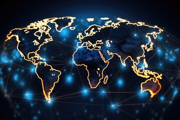 Poster - Global network connection on blue background. 3d rendering toned image double exposure, Global networking and international communication symbolized by a world map, AI Generated