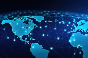 Poster - World map on a technological background, glowing lines symbols of the Internet, radio, television, mobile and satellite communications, Global network connection concept,  AI Generated