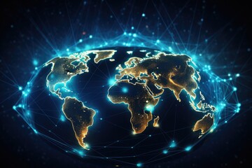 Poster - Abstract digital world map on blue background. Technology and communication concept. 3D Rendering, Global networking and international communication symbolized by a world map, AI Generated