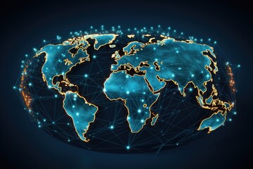 Poster - Global network connection. World map on a blue background. Vector illustration, Global networking and international communication symbolized by a world map, AI Generated