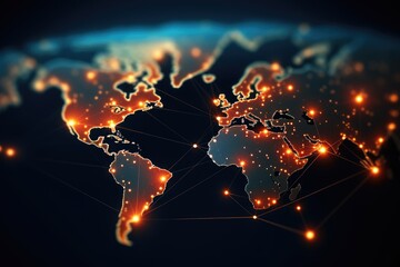 Poster - World map glowing with lines and dots. Technology and communication concept. 3D Rendering, Global network connection concept with a world map point and line composition, AI Generated
