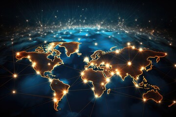 Poster - World map glowing on dark background. Global network concept. 3D Rendering, Global networking and international communication symbolized by a world map, AI Generated