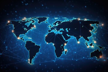 Poster - Abstract digital world map on blue background. Technology and communication concept. 3D Rendering, Global networking and international communication symbolized by a world map, AI Generated