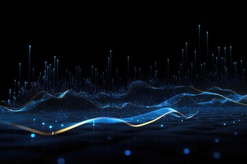 Poster - Futuristic technology wave background with glowing lines. 3d rendering, Glowing blue lines and an abstract data system on a black background representing a complex data flow, AI Generated