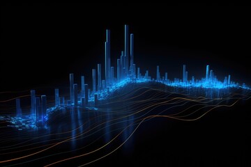 Poster - Futuristic technology interface with glowing lines and dots. Vector illustration, Glowing blue lines and an abstract data system on a black background representing a complex data flow, AI Generated