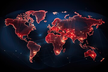 Poster - World map on technological background, glowing lines symbols. Vector illustration, Global networking and international communication symbolized by a world map, AI Generated