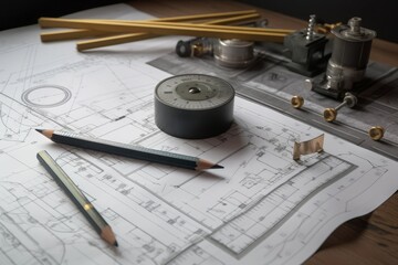 Poster - Technical drawings tools on work table. Industry frame engineer plant part. Generate Ai